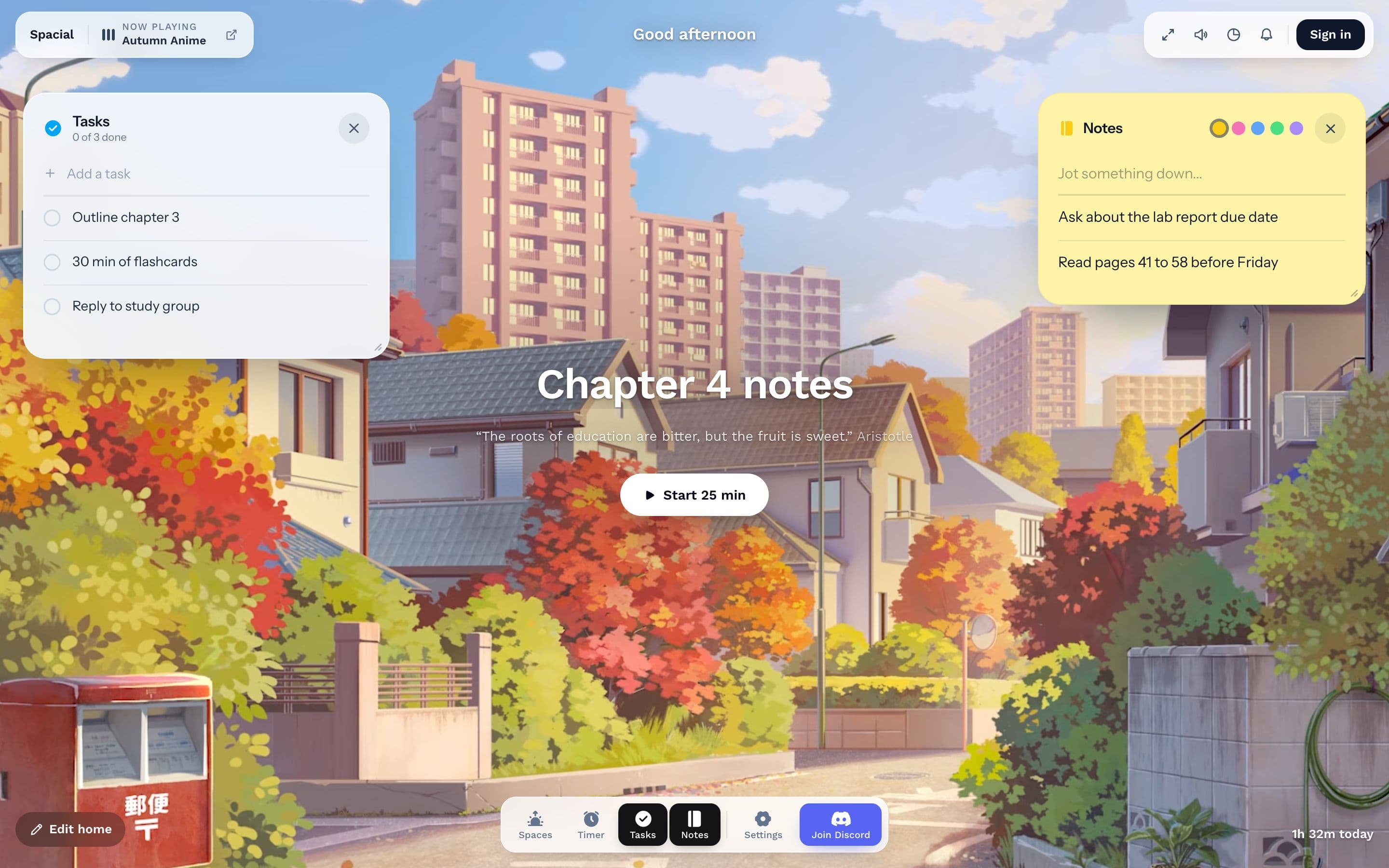 Spacial with the Tasks and Pomodoro widgets open over an autumn anime town scene